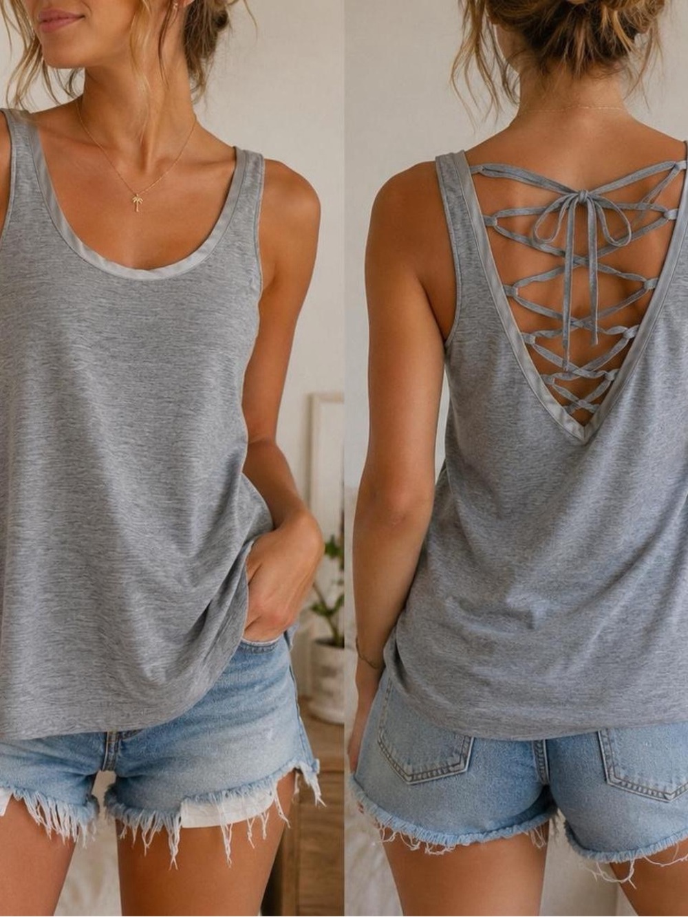 Romeo & Juliet Couture Gray Lace Up Back Tank Top Size Small